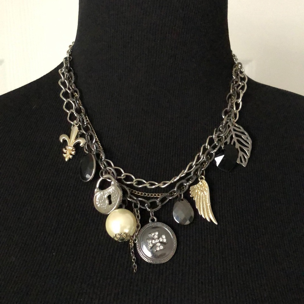 Multi Tier Fashion Necklace with Dangling Charms